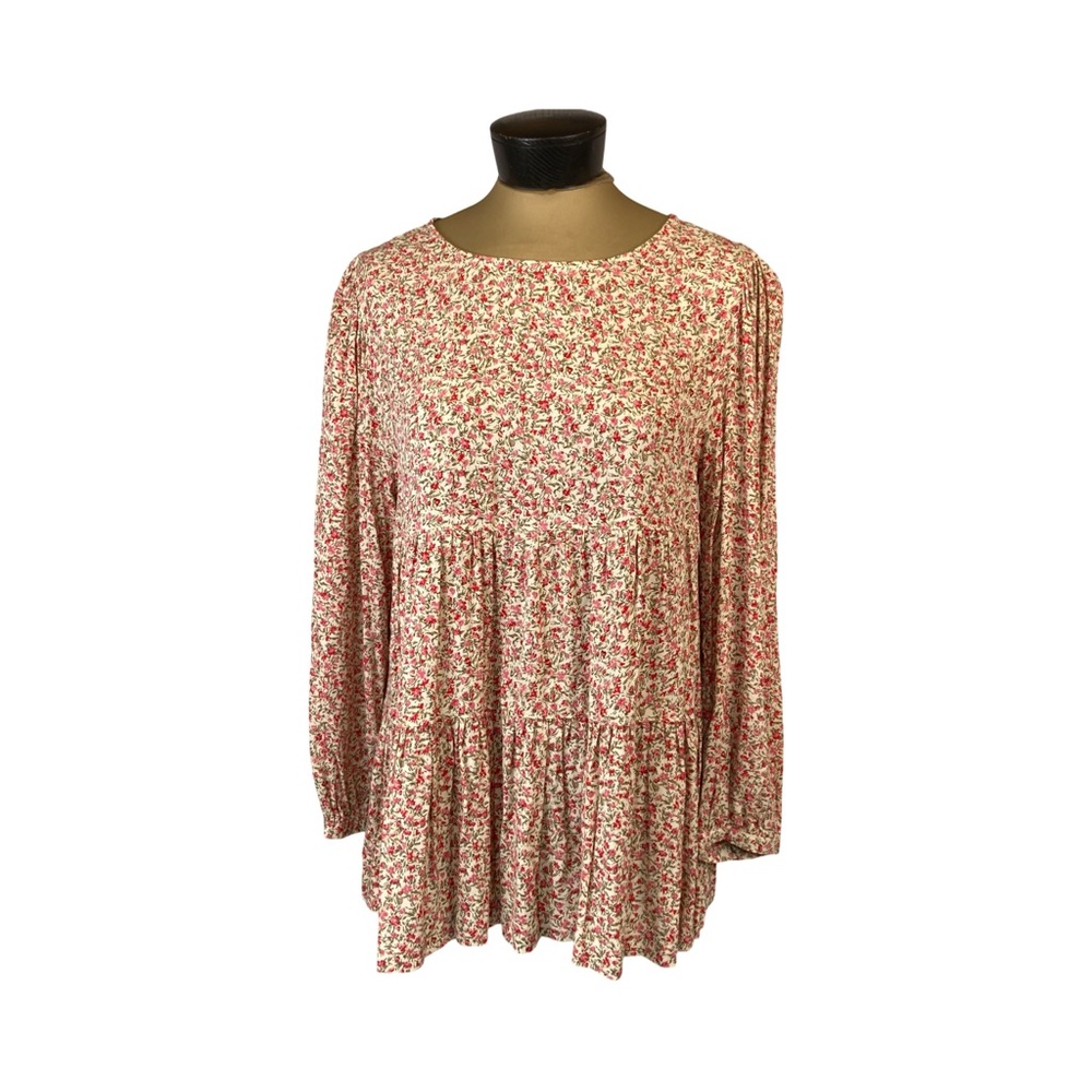 American Eagle Womens Floral Long Sleeve Ruffle Tunic Top Keyhole Back Size S